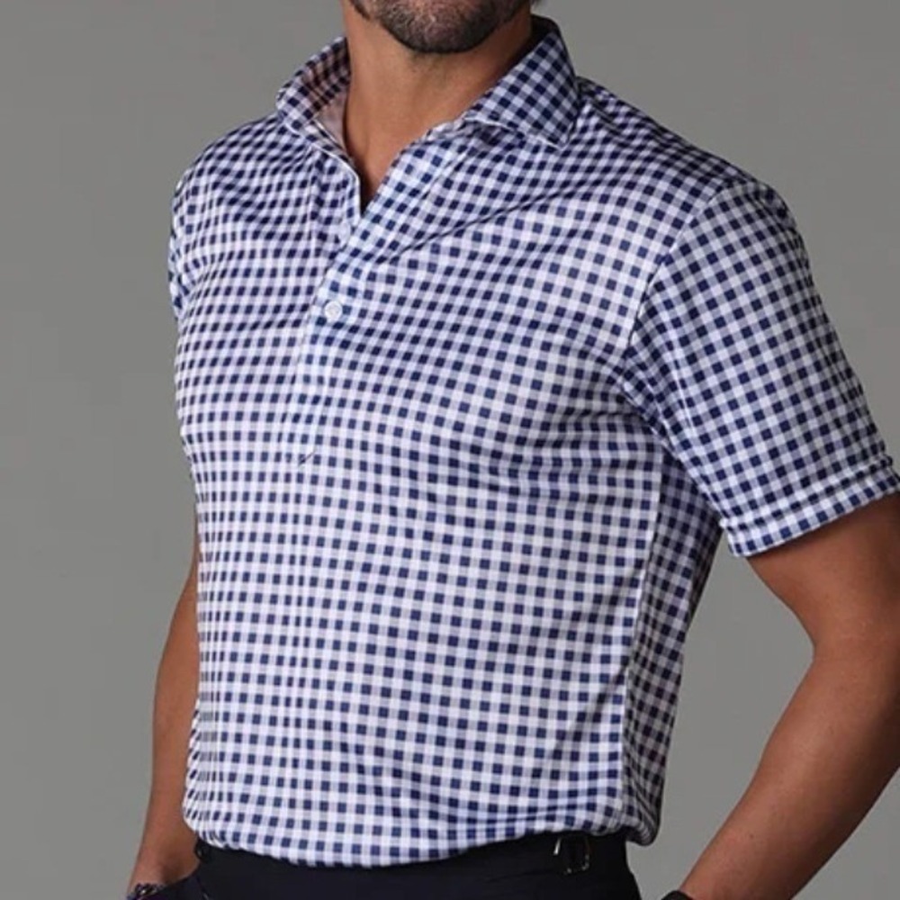 Collars‎ & Co Mens Navy Purple Gingham Preppy Dress Collar Polo Shirt Size Small